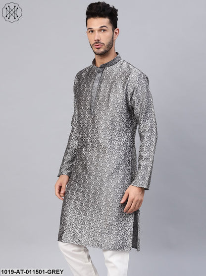 Men's Silk Blend Grey Self Design Only Long Kurta