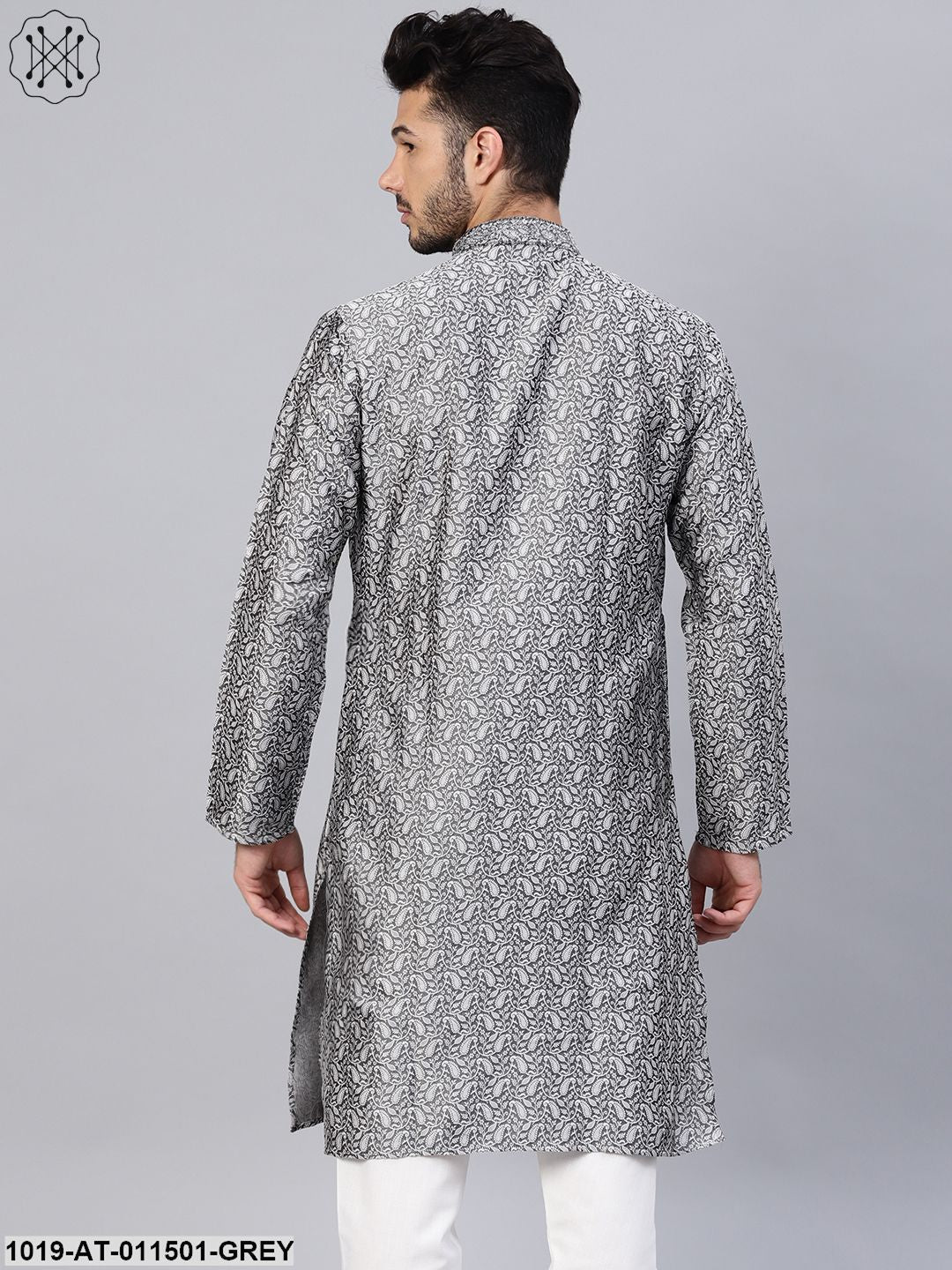 Men's Silk Blend Grey Self Design Only Long Kurta