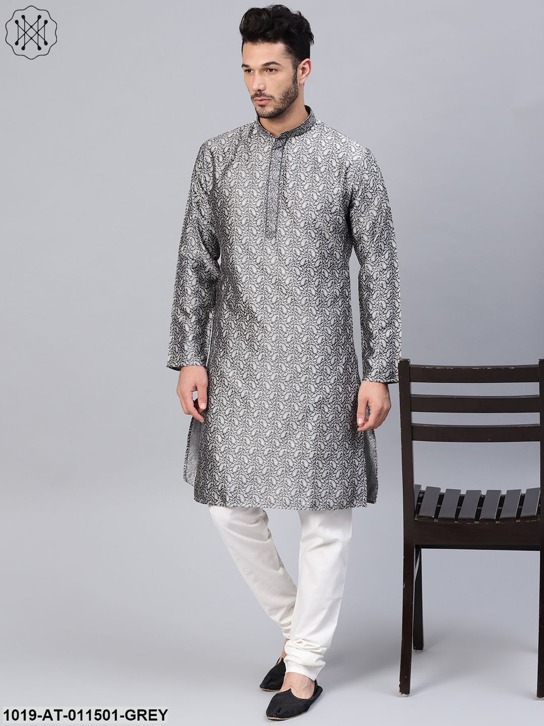 Men's Silk Blend Grey Self Design Only Long Kurta