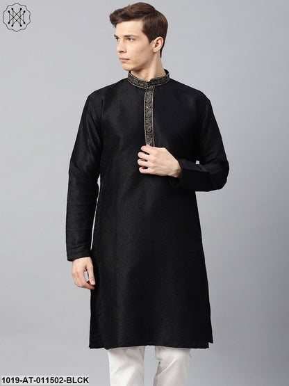 Men's Silk Blend Black Self Design Only Long Kurta