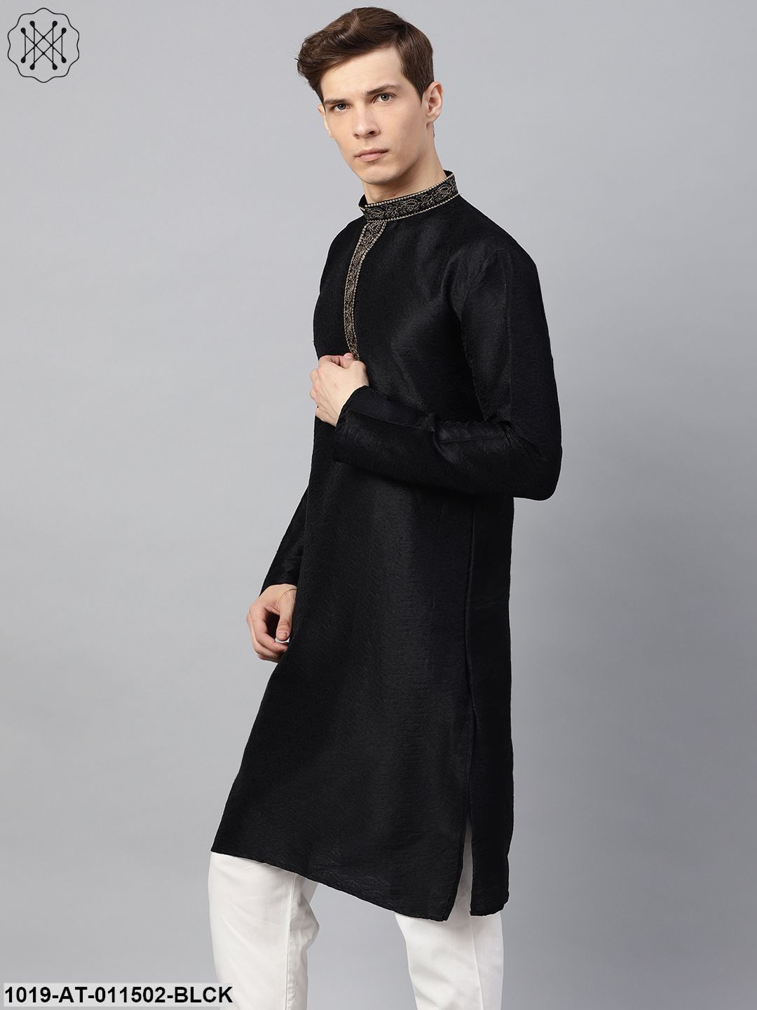 Men's Silk Blend Black Self Design Only Long Kurta