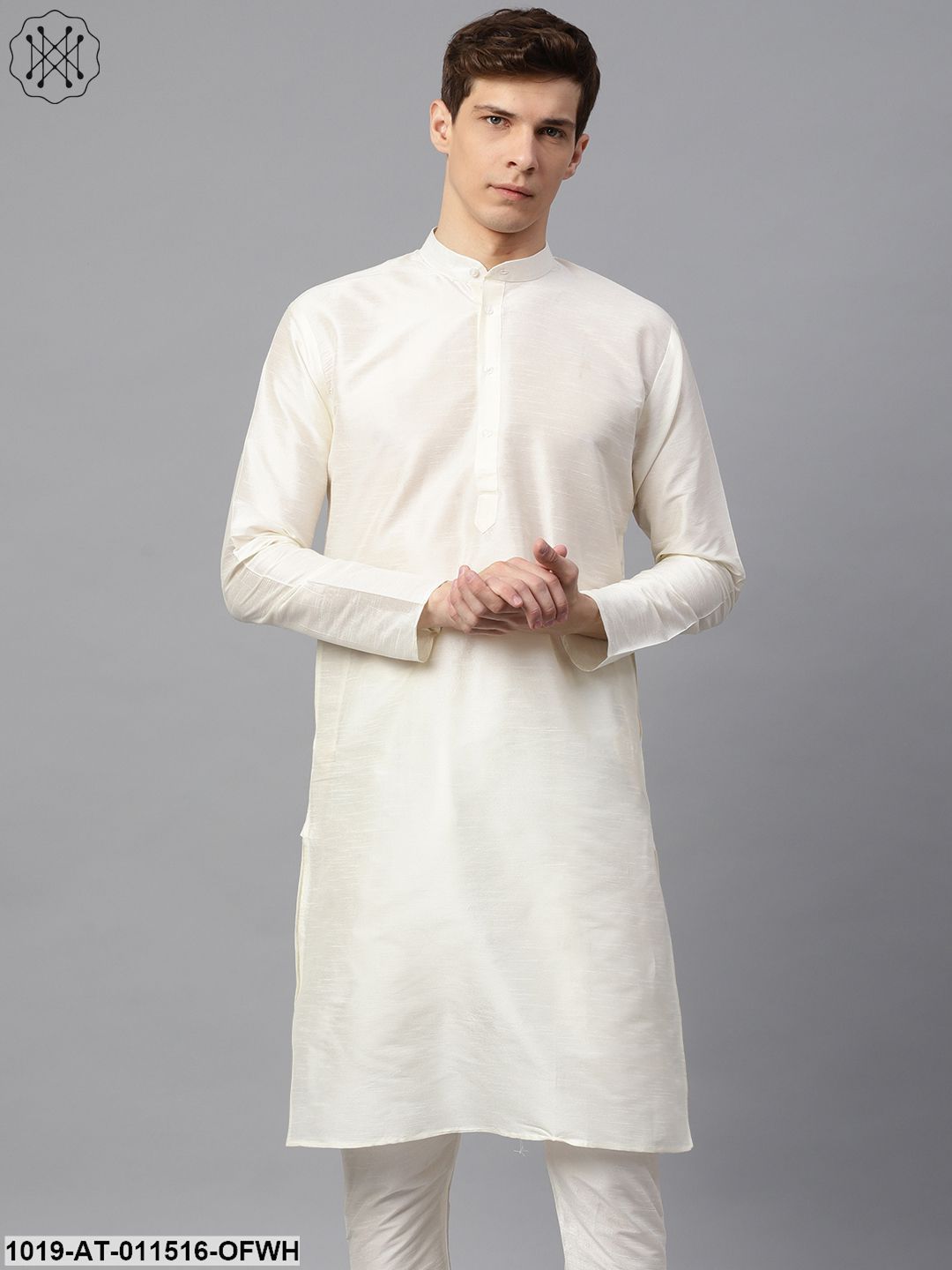 Men's Silk Blend Off White Solid Only Long Kurta