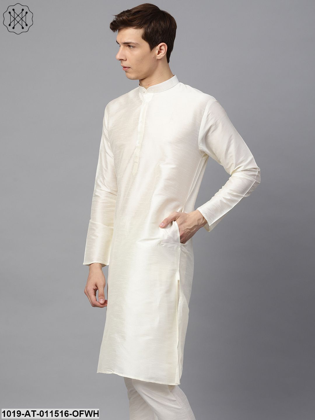 Men's Silk Blend Off White Solid Only Long Kurta