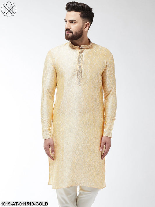 Men's Silk Blend Gold Self Design Only Long Kurta