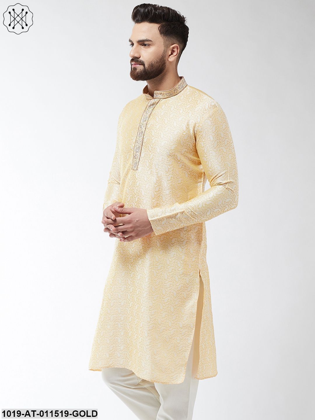 Men's Silk Blend Gold Self Design Only Long Kurta