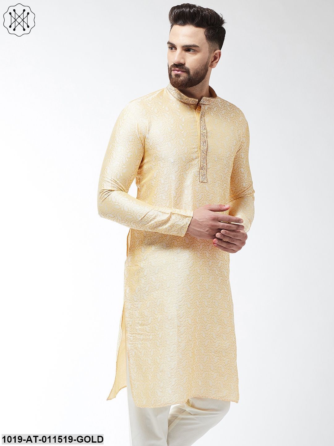 Men's Silk Blend Gold Self Design Only Long Kurta