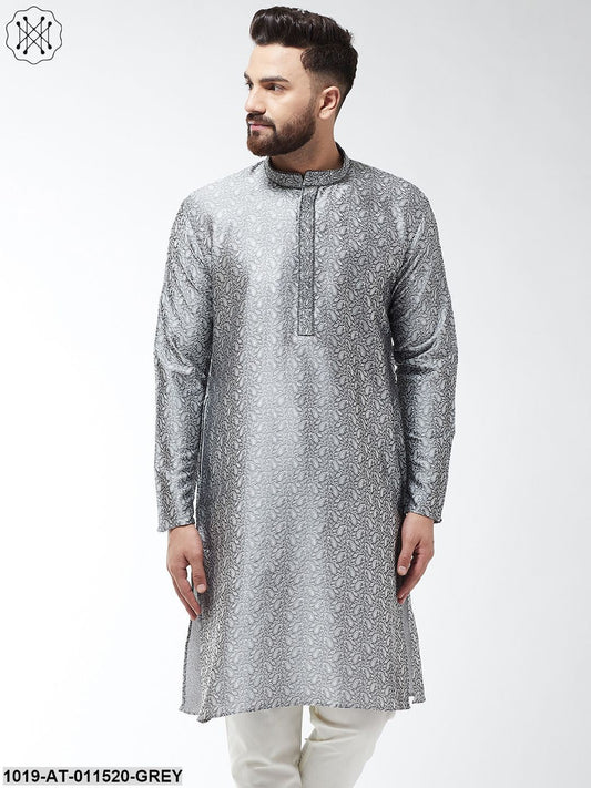 Men's Silk Blend Grey Self Design Only Long Kurta