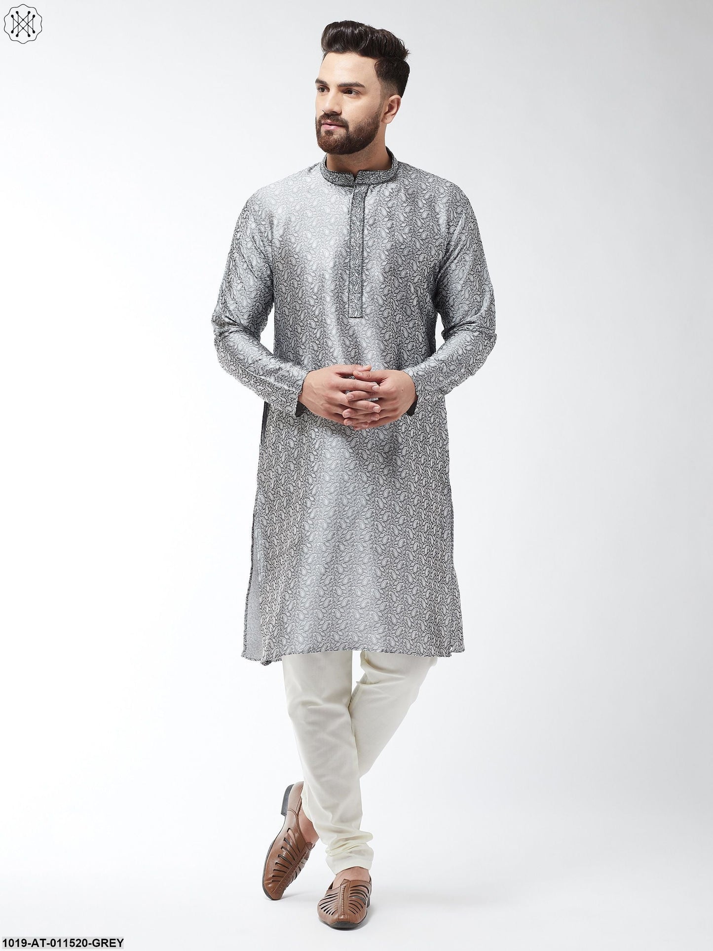 Men's Silk Blend Grey Self Design Only Long Kurta