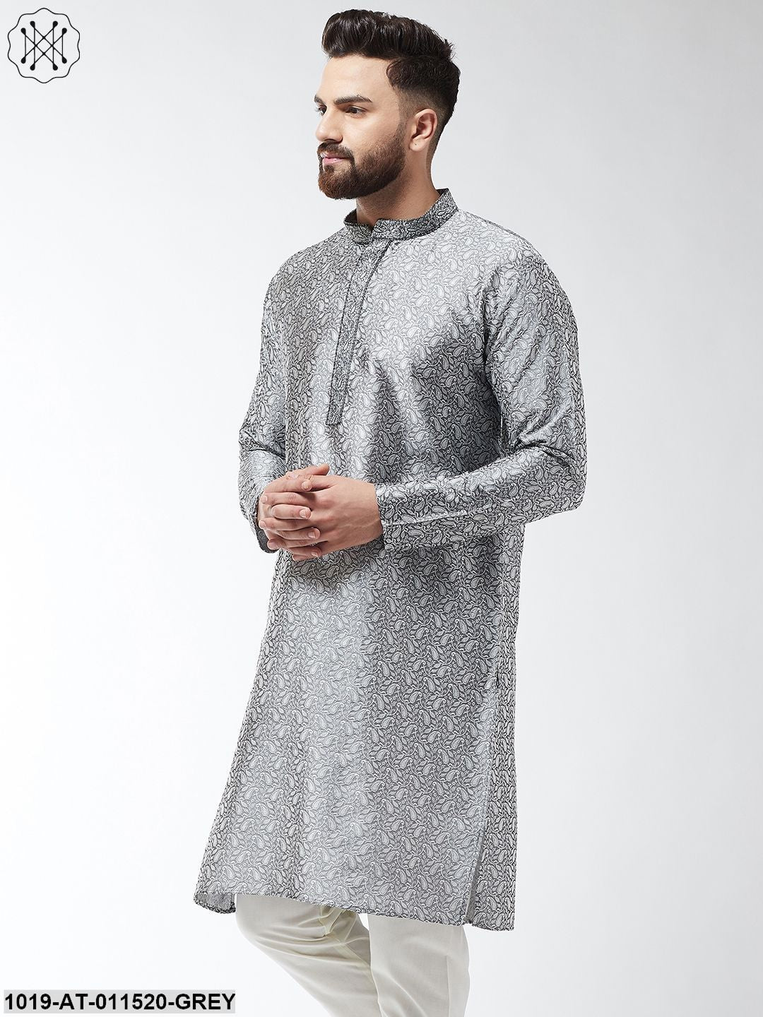 Men's Silk Blend Grey Self Design Only Long Kurta