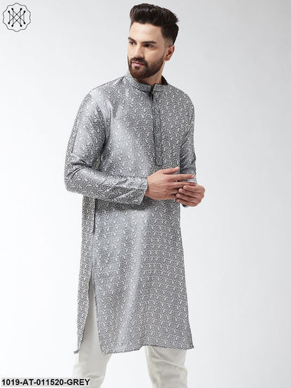 Men's Silk Blend Grey Self Design Only Long Kurta