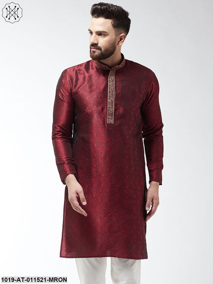 Men's Silk Blend Maroon Self Design Only Long Kurta