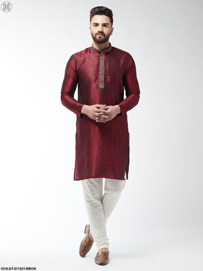 Men's Silk Blend Maroon Self Design Only Long Kurta