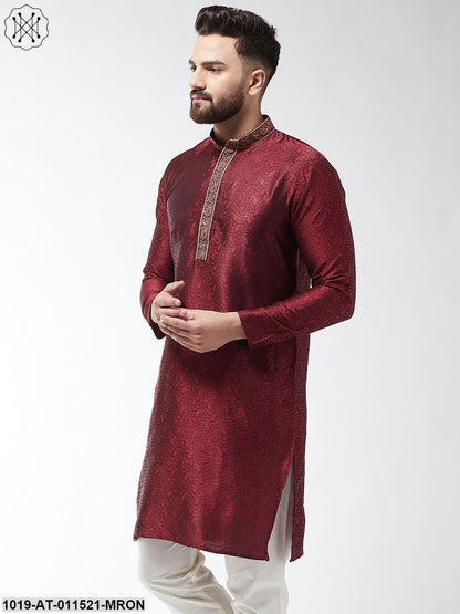 Men's Silk Blend Maroon Self Design Only Long Kurta