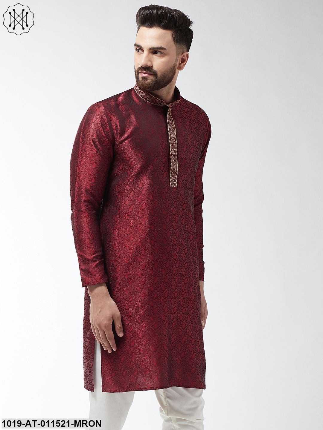 Men's Silk Blend Maroon Self Design Only Long Kurta