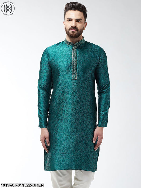 Men's Silk Blend Teal Green Self Design Only Long Kurta