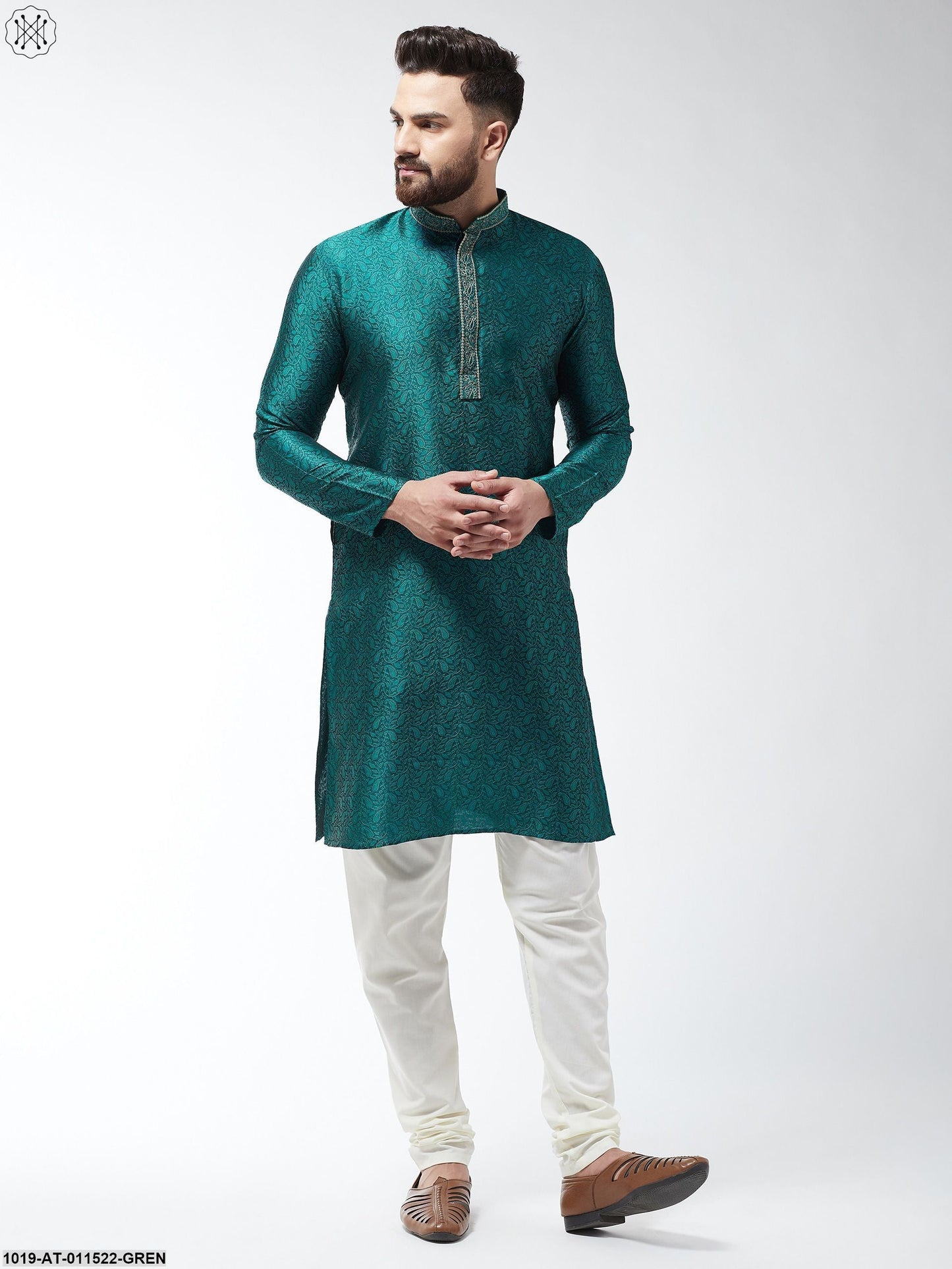 Men's Silk Blend Teal Green Self Design Only Long Kurta