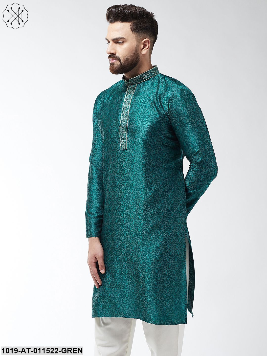 Men's Silk Blend Teal Green Self Design Only Long Kurta