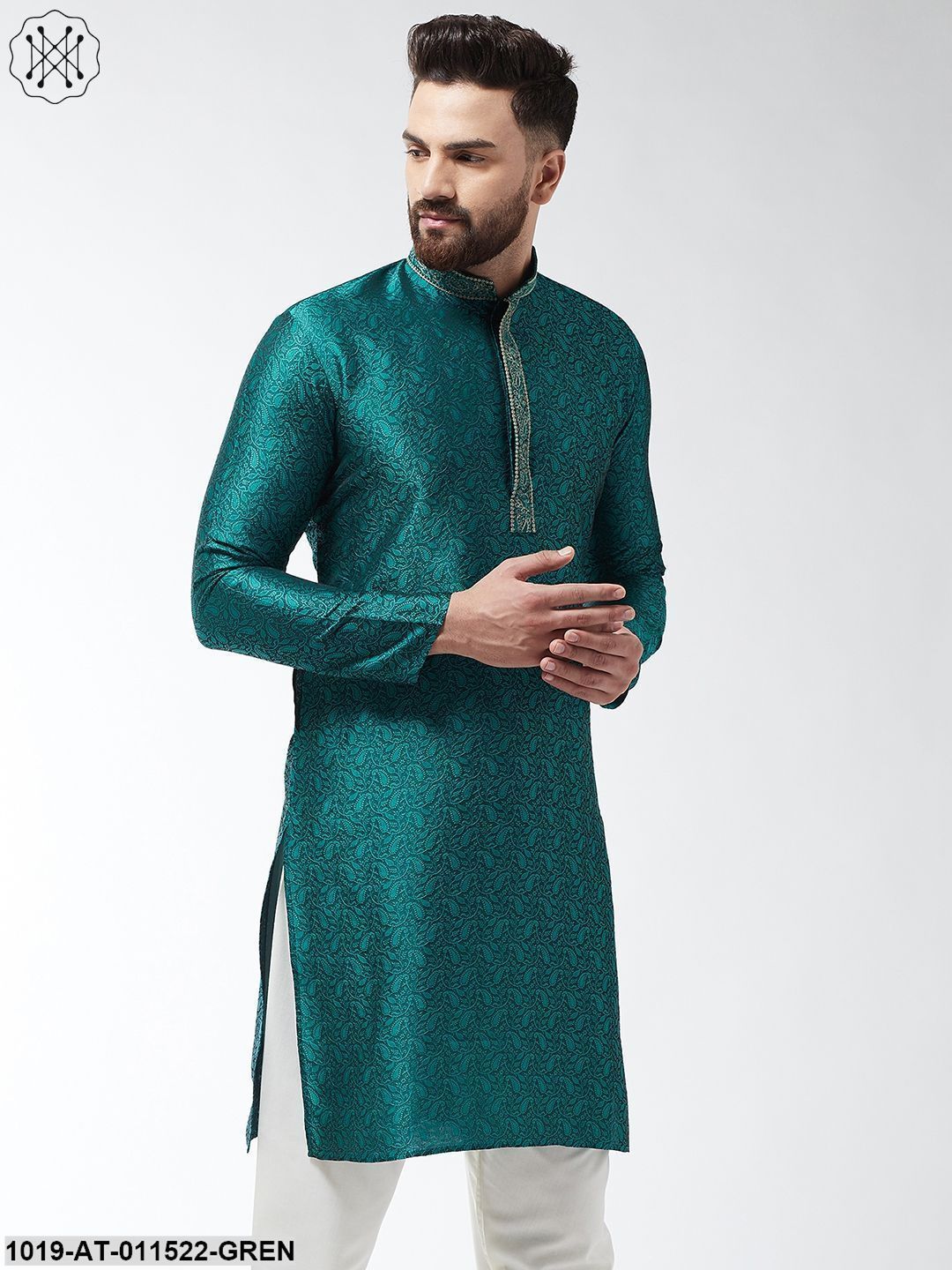 Men's Silk Blend Teal Green Self Design Only Long Kurta