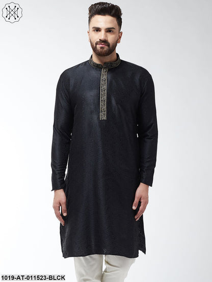 Men's Silk Blend Black Self Design Only Long Kurta