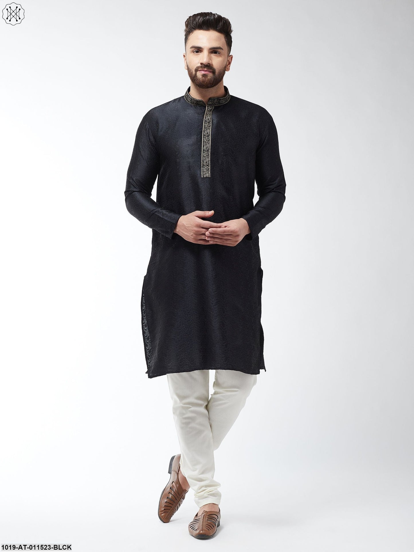 Men's Silk Blend Black Self Design Only Long Kurta