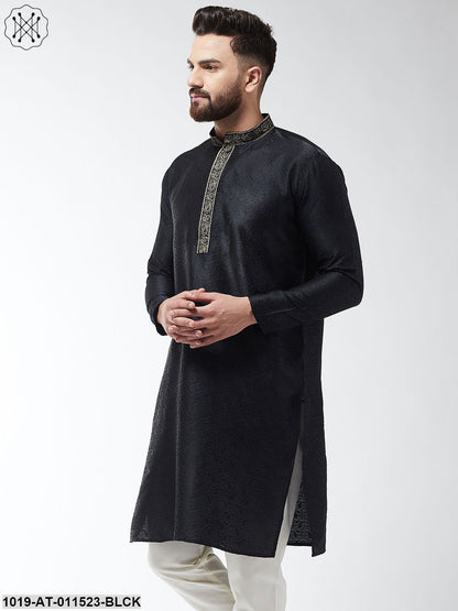 Men's Silk Blend Black Self Design Only Long Kurta