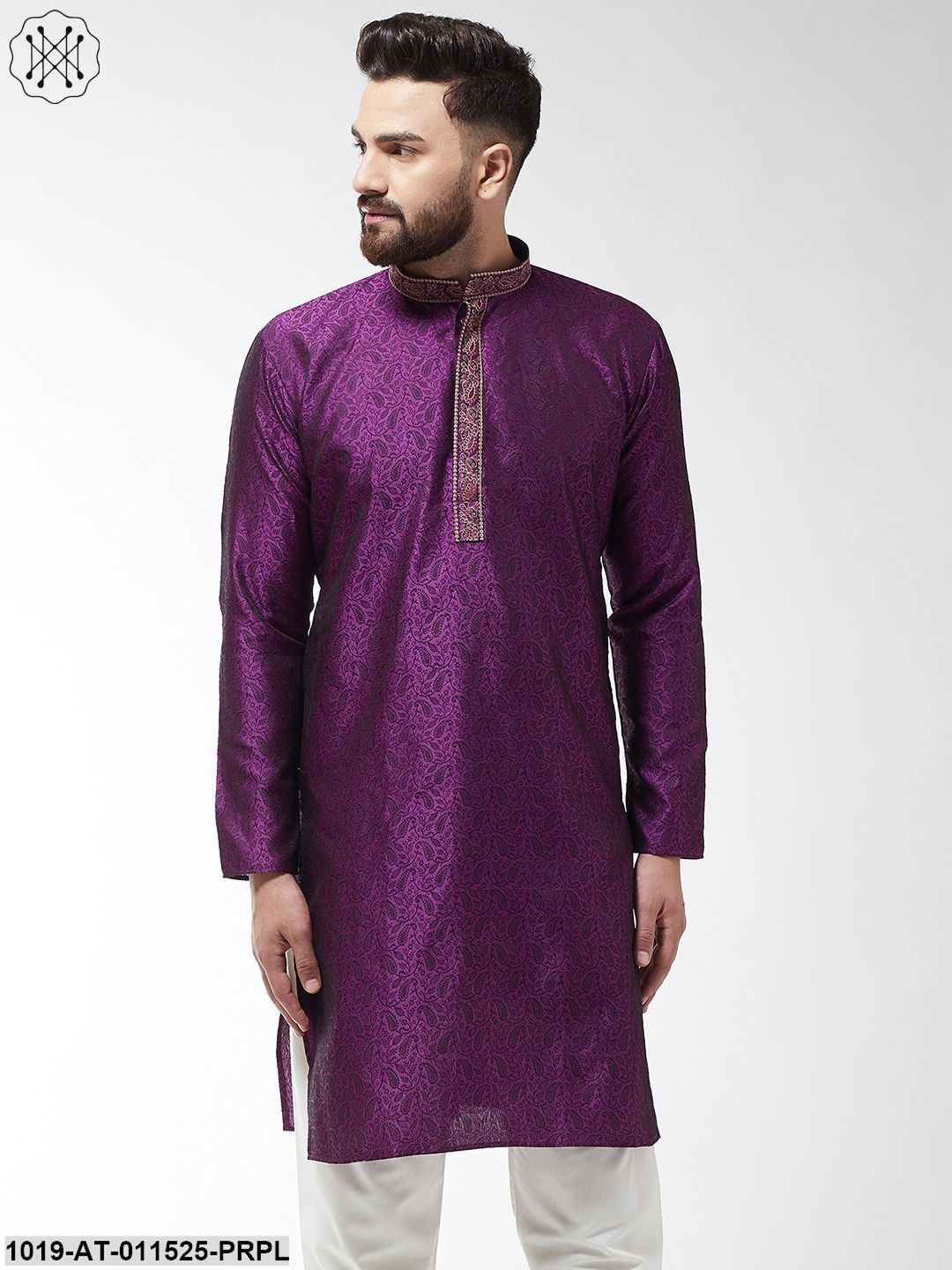 Men's Silk Blend Purple Self Design Only Long Kurta