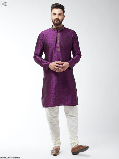 Men's Silk Blend Purple Self Design Only Long Kurta