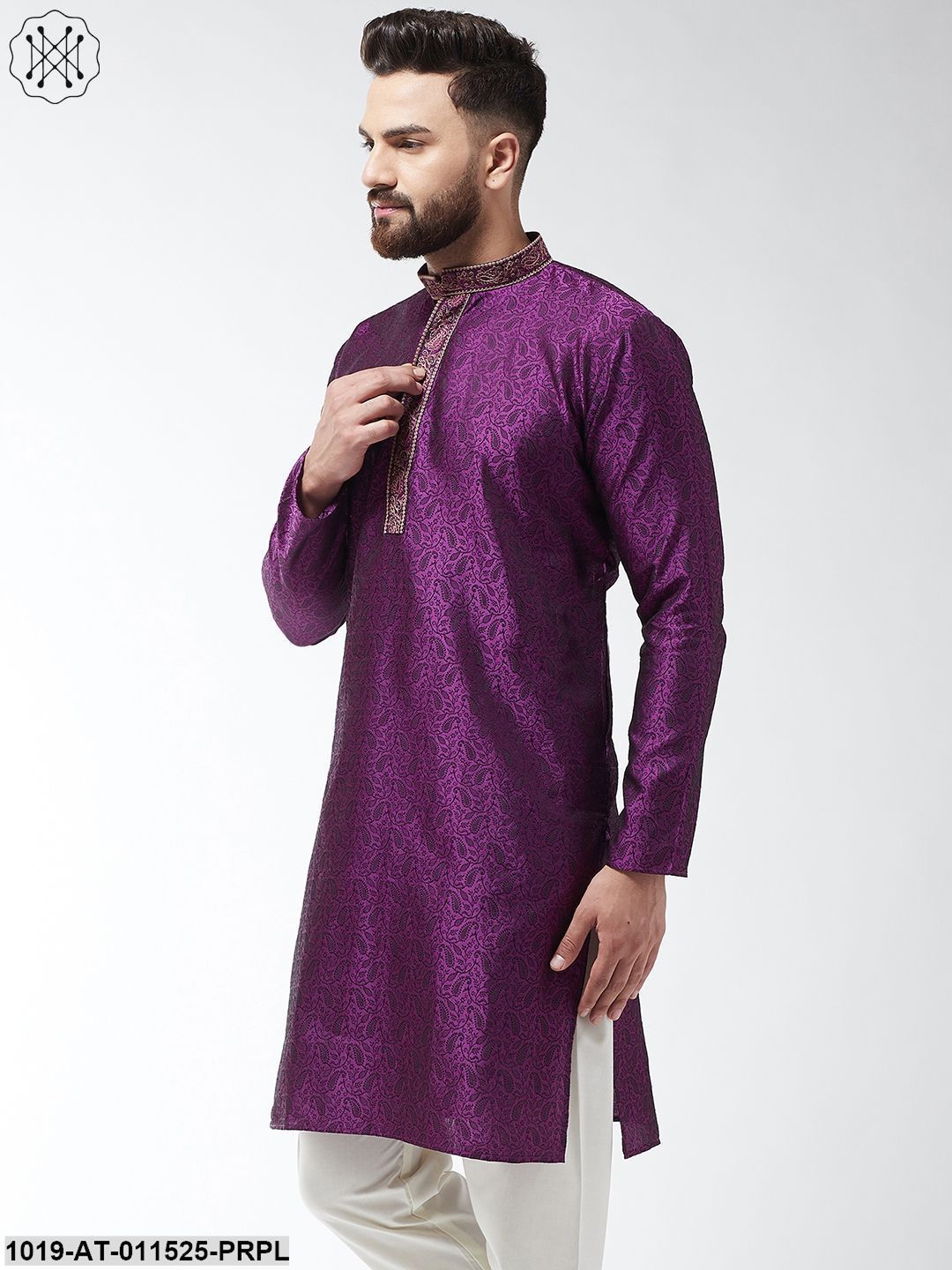 Men's Silk Blend Purple Self Design Only Long Kurta