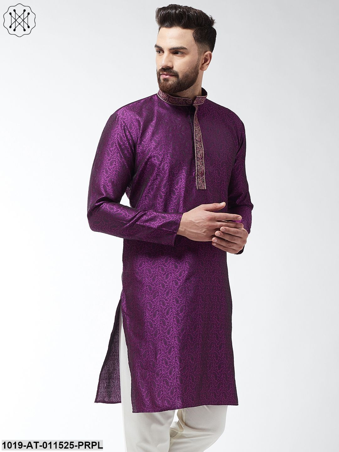 Men's Silk Blend Purple Self Design Only Long Kurta