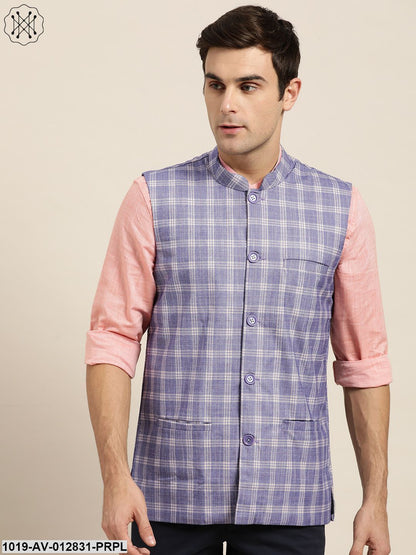 Men's Cotton Blend Purple & Yellow Checked Nehru Jacket