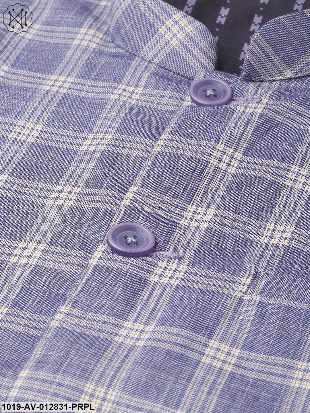 Men's Cotton Blend Purple & Yellow Checked Nehru Jacket