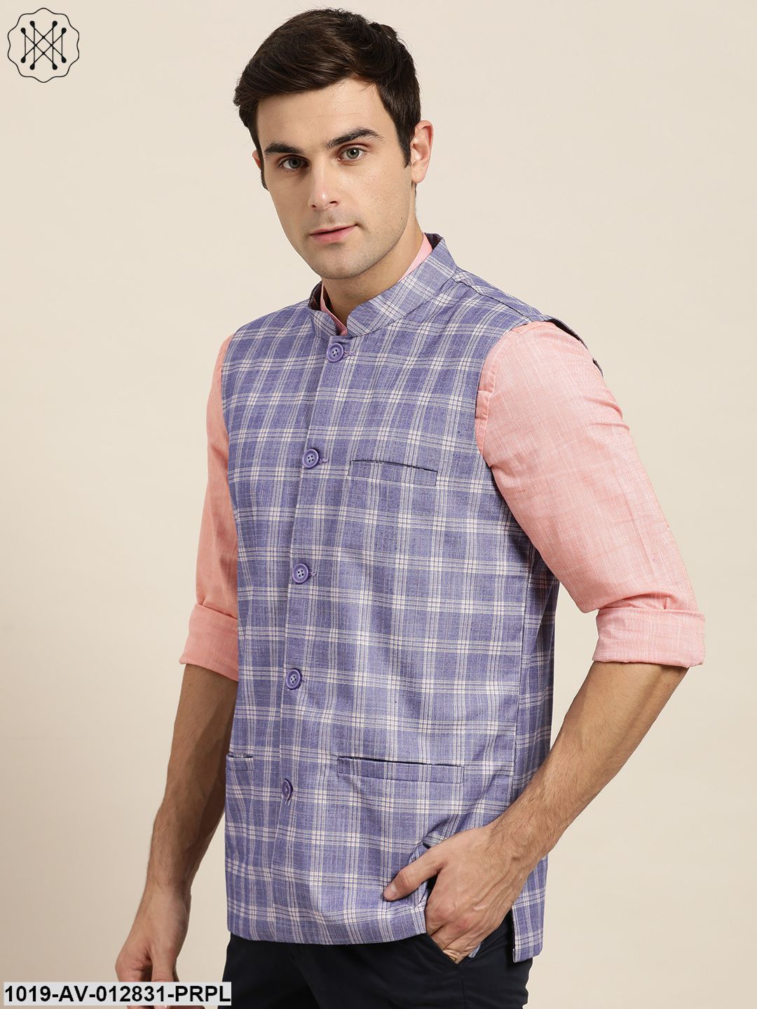 Men's Cotton Blend Purple & Yellow Checked Nehru Jacket