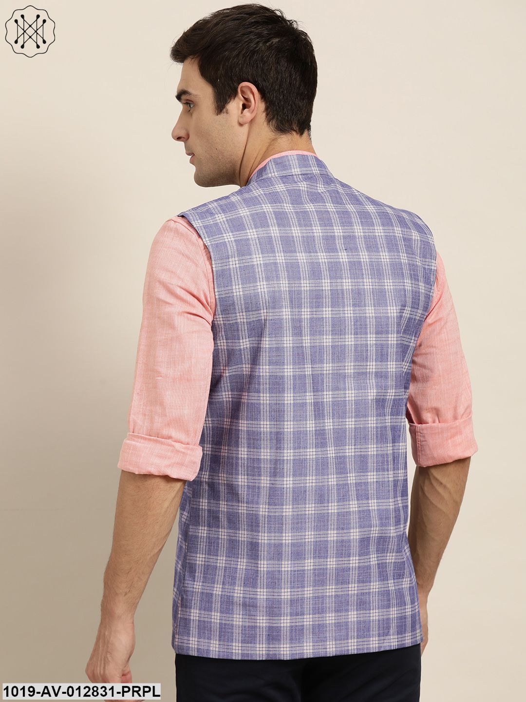 Men's Cotton Blend Purple & Yellow Checked Nehru Jacket