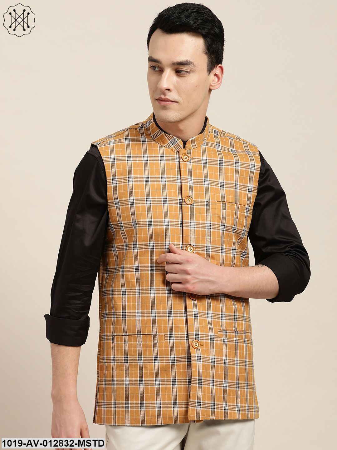 Men's Cotton Blend Mustard & Brown Checked Nehru Jacket