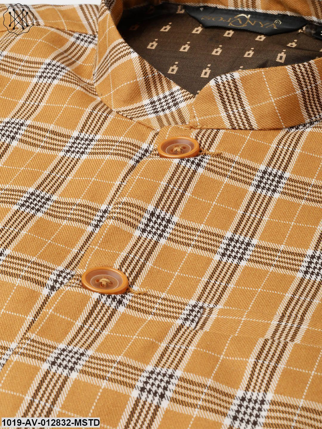 Men's Cotton Blend Mustard & Brown Checked Nehru Jacket