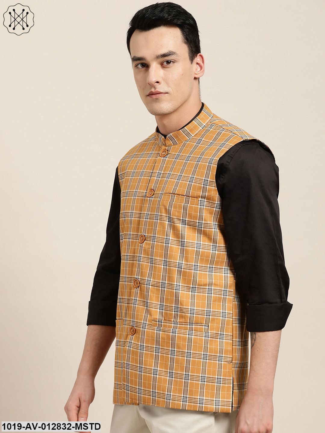 Men's Cotton Blend Mustard & Brown Checked Nehru Jacket