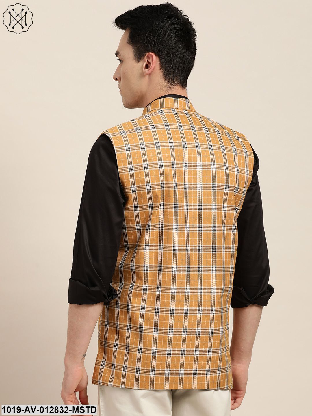 Men's Cotton Blend Mustard & Brown Checked Nehru Jacket