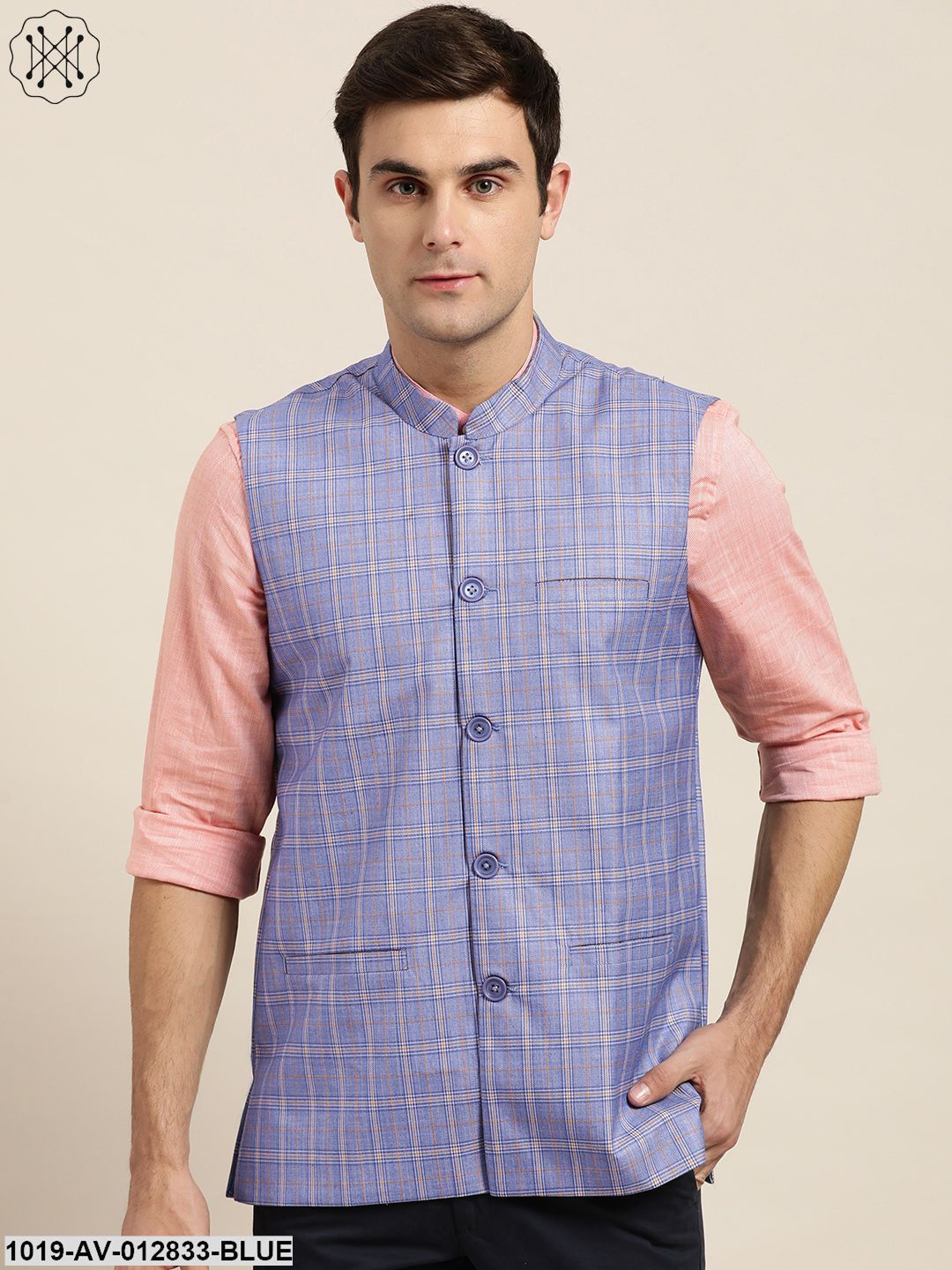 Men's Cotton Blend Blue & Yellow Checked Nehru Jacket