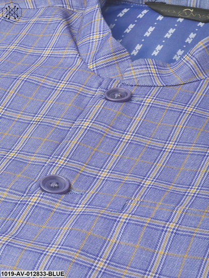 Men's Cotton Blend Blue & Yellow Checked Nehru Jacket