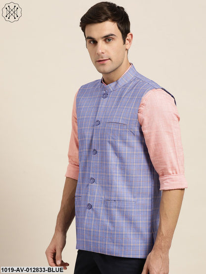 Men's Cotton Blend Blue & Yellow Checked Nehru Jacket