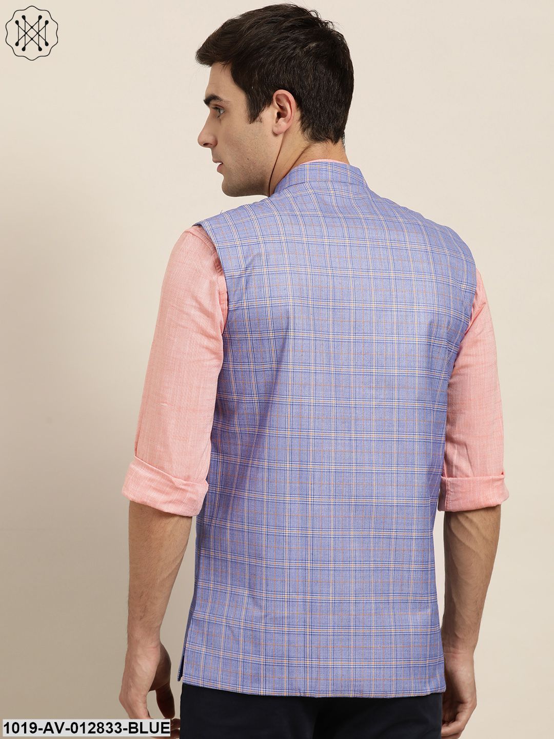 Men's Cotton Blend Blue & Yellow Checked Nehru Jacket