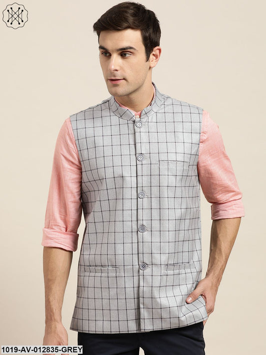 Men's Cotton Blend Grey & Navy Blue Checked Nehru Jacket