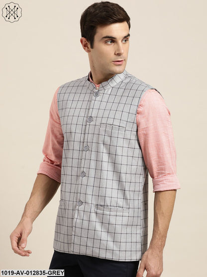 Men's Cotton Blend Grey & Navy Blue Checked Nehru Jacket