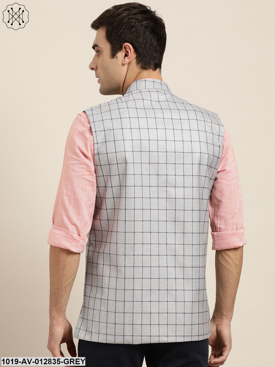 Men's Cotton Blend Grey & Navy Blue Checked Nehru Jacket