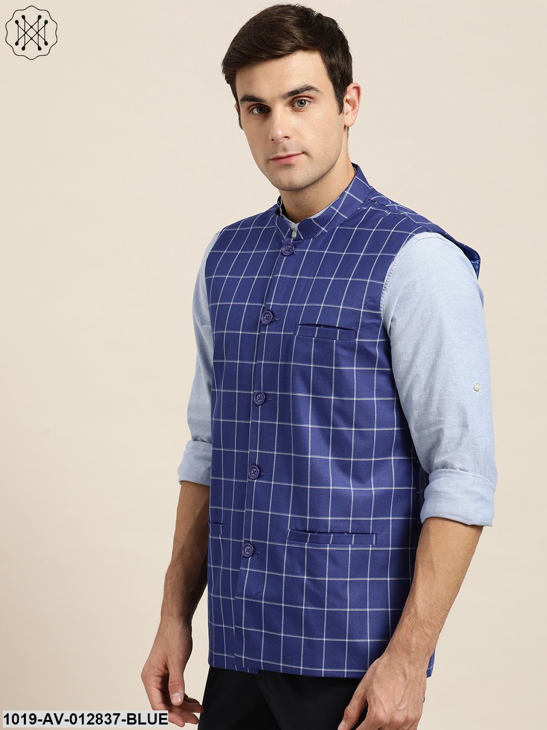 Men's Cotton Blend Maroon & Off White Checked Nehru Jacket