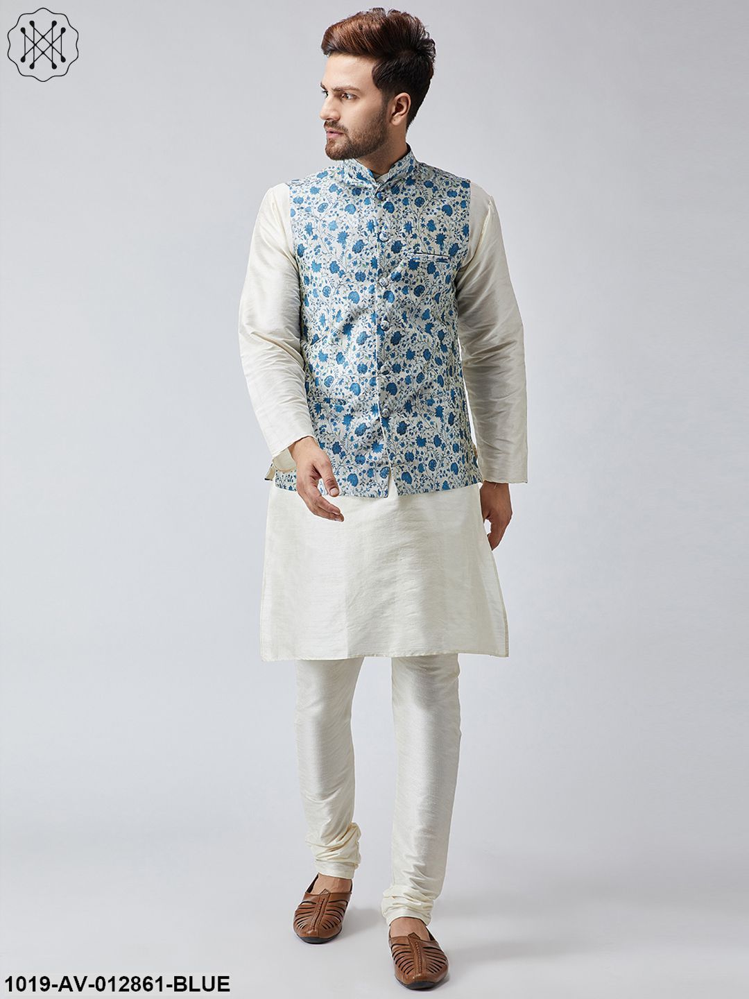 Men's Blue Printed Nehru Jacket