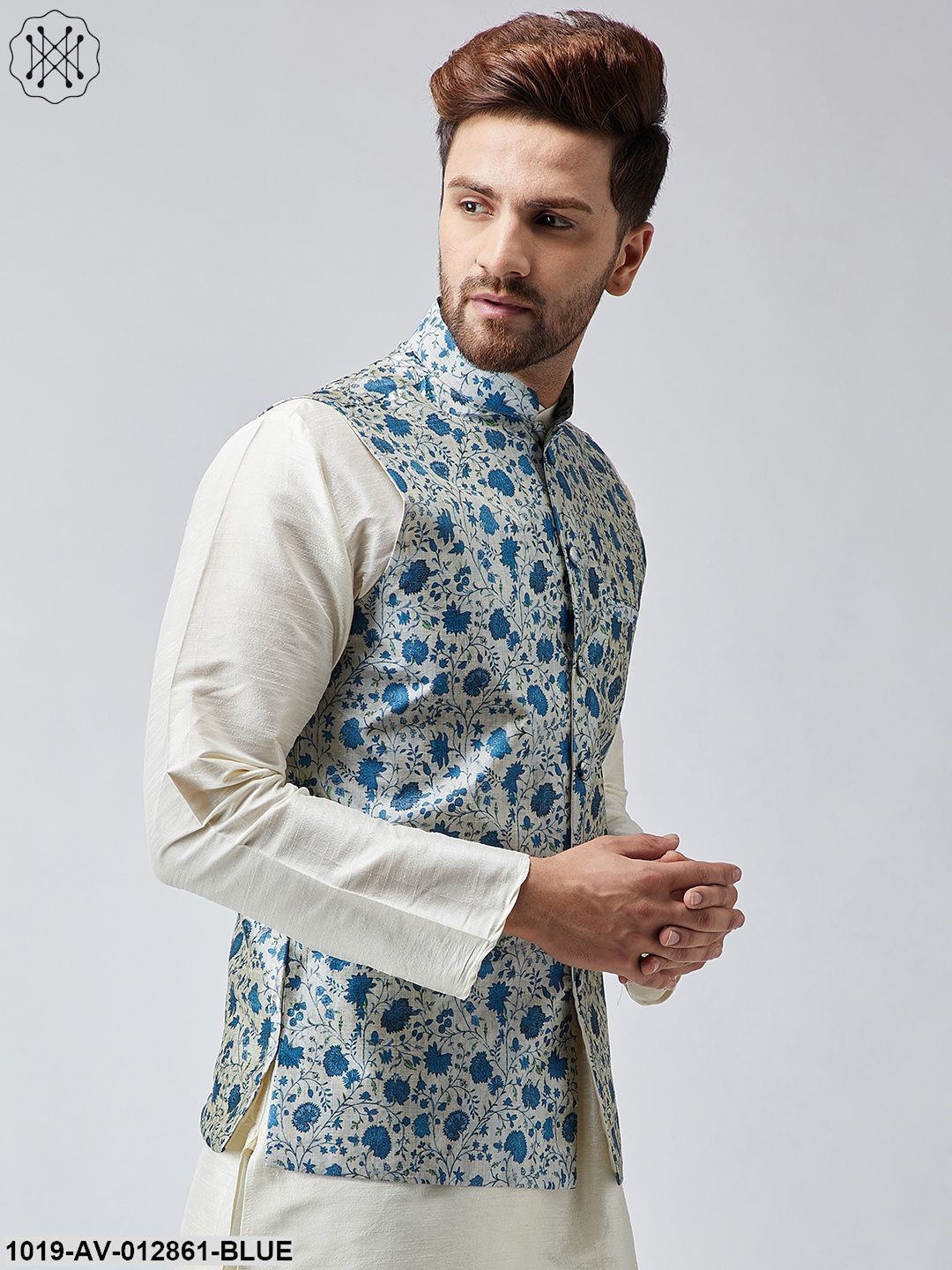 Men's Blue Printed Nehru Jacket