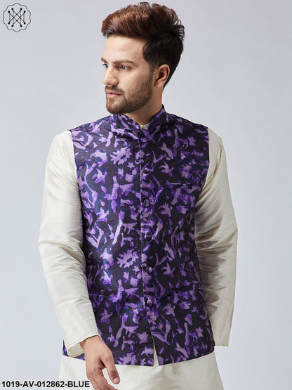 Men's Navy Blue Printed Nehru Jacket