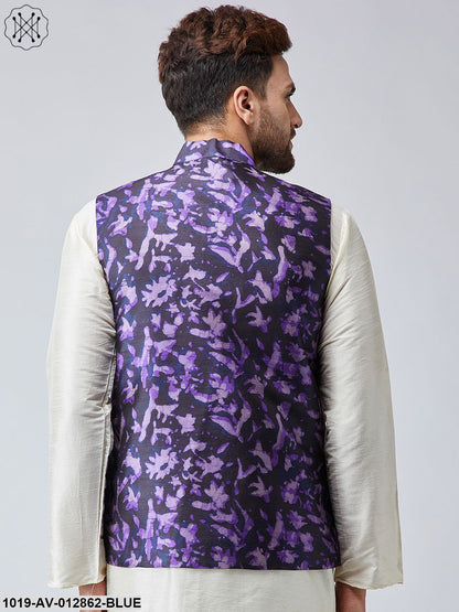 Men's Navy Blue Printed Nehru Jacket