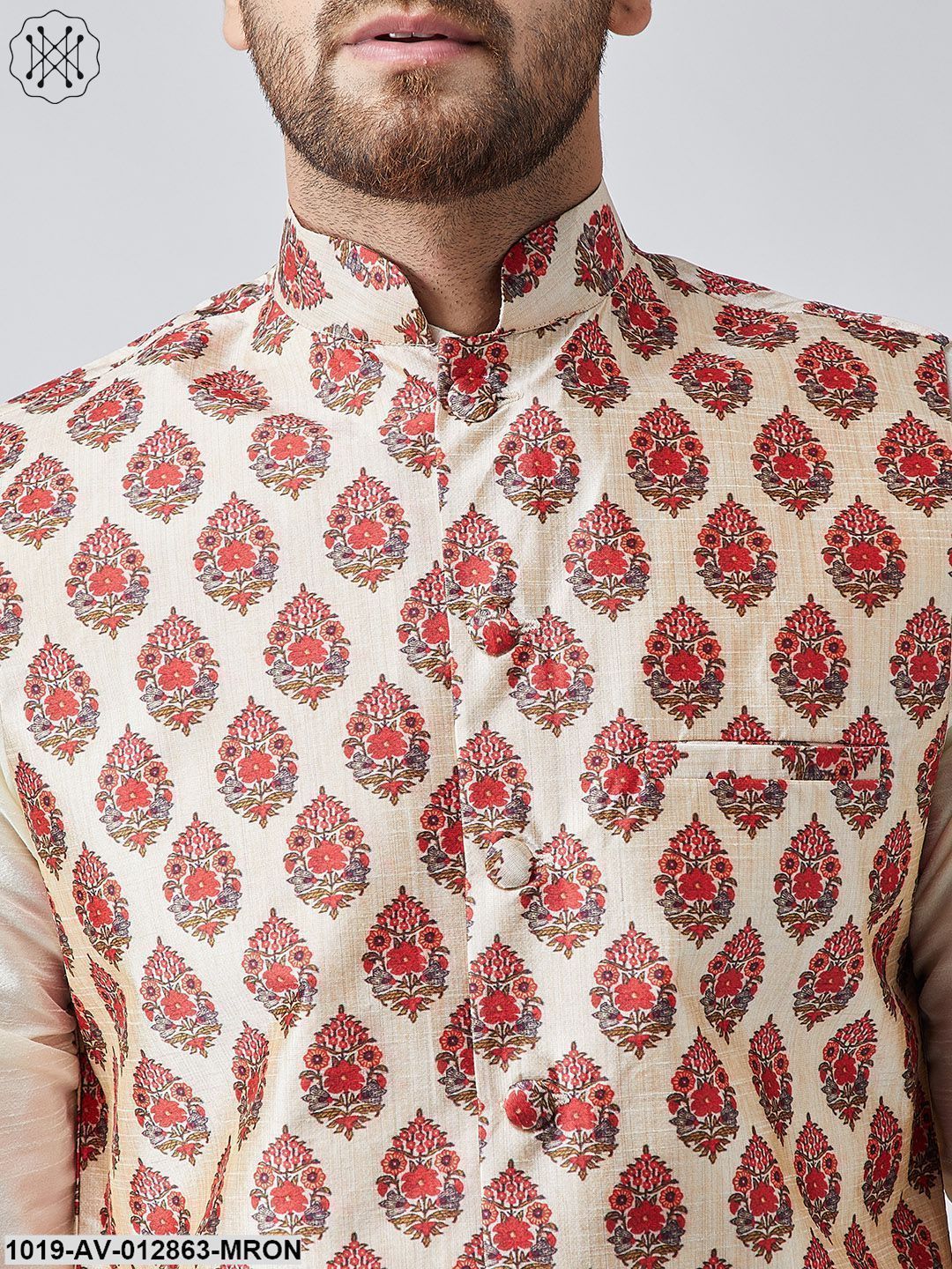 Men's Maroon Printed Nehru Jacket